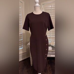 London Style Chocolate-Brown Midi Sheath Dress with Side Buttons